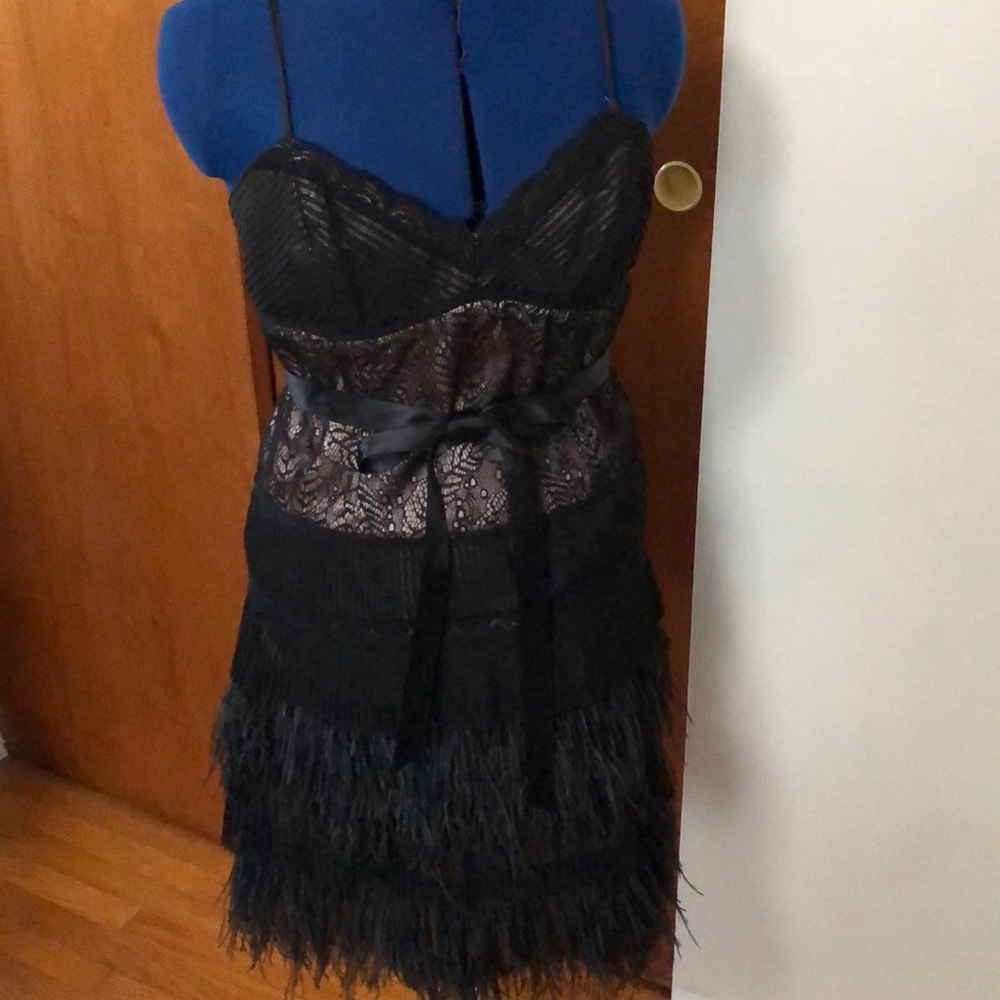 BCBG black Cocktail dress with lace and feathers